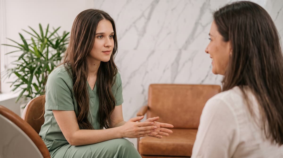 Conversación tranquila entre la doctora y una paciente antes de empezar. Imagen ilustrativa creada con IA.