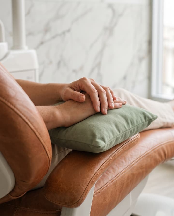 Manos relajadas de un paciente sobre el brazo del sillón, con un cojín verde. Imagen ilustrativa creada con IA.