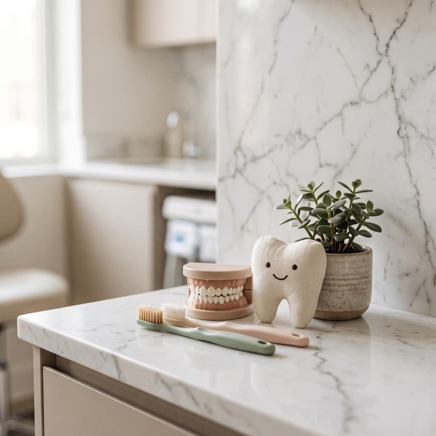 Cepillo de dientes infantil y un diente de peluche sobre una mesa. Imagen ilustrativa creada con IA.