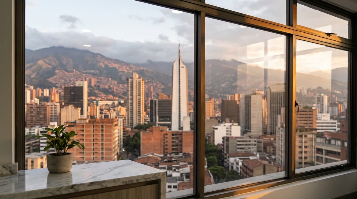 Vista del centro de Medellín y del edificio Coltejer desde la ventana del consultorio. Imagen ilustrativa creada con IA.