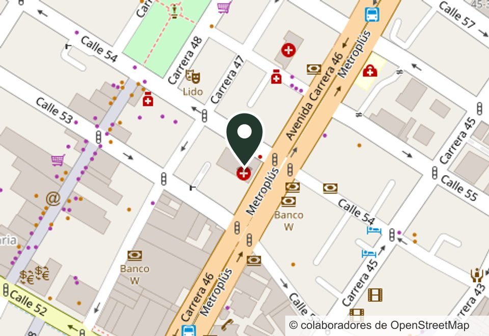 Mapa con la ubicación del consultorio en la Calle 54 con la Avenida Oriental (Carrera 46), centro de Medellín